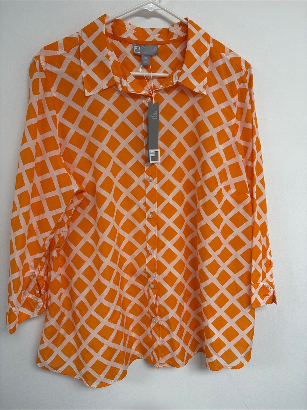 JCP Silk Blend Orange Geometric Button Down Shirt 1X NWT